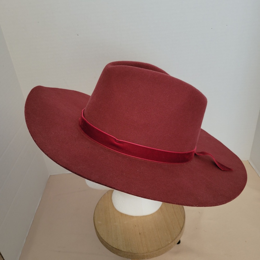 Wyeth Burgundy Wool Wide Brim Fedora Hat with Velvet Ribbon O/S Burgundy Wine
